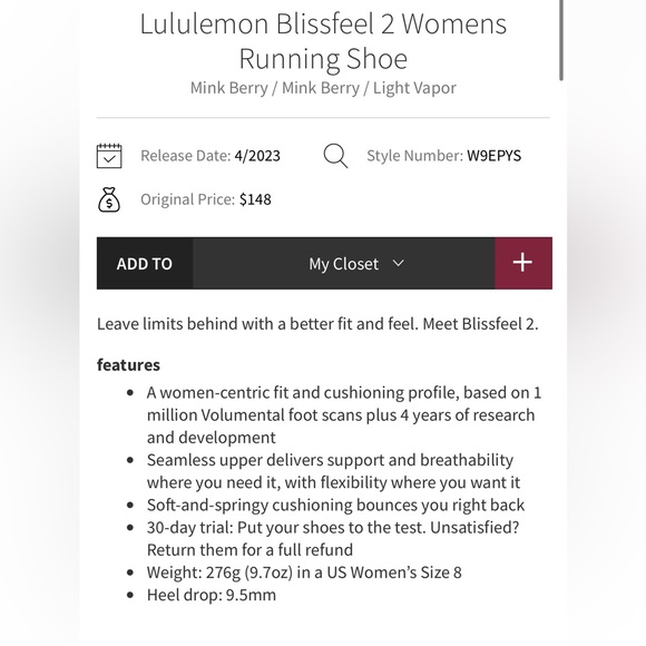 🍋 Lululemon NWB Blissfeel 2 Running Shoe - Mink Berry/Light Vapor - Sz 10 - Picture 4 of 16